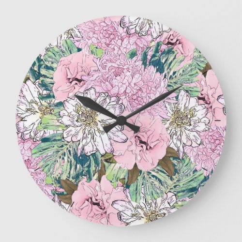 Cute Girly Blush Pink  White Floral Illustration Large Clock
