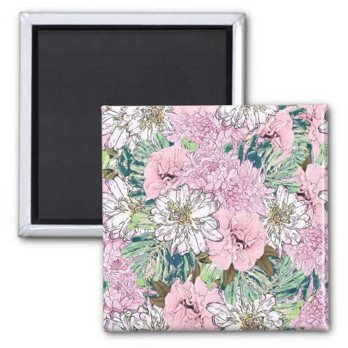Cute Girly Blush Pink  White Floral Illustration Magnet