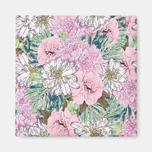 Cute Girly Blush Pink & White Floral Illustration Magnet (Front)
