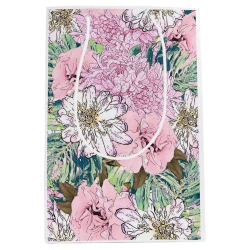 Cute Girly Blush Pink  White Floral Illustration Medium Gift Bag