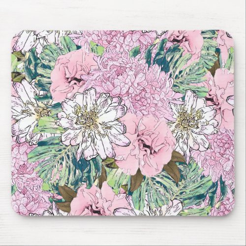 Cute Girly Blush Pink  White Floral Illustration Mouse Pad