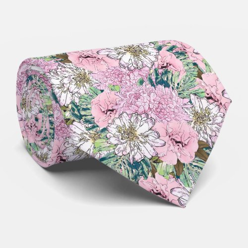 Cute Girly Blush Pink  White Floral Illustration Neck Tie