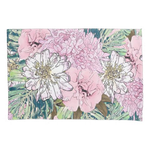 Cute Girly Blush Pink  White Floral Illustration Pillow Case