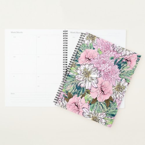 Cute Girly Blush Pink  White Floral Illustration Planner