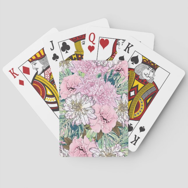Cute Girly Blush Pink & White Floral Illustration Poker Cards (Back)