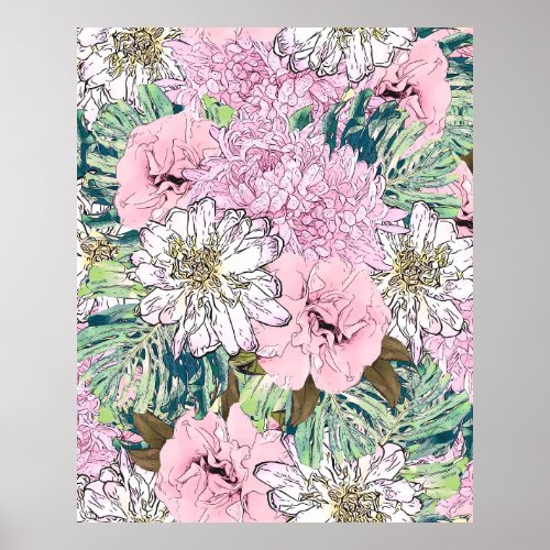 Cute Girly Blush Pink  White Floral Illustration Poster