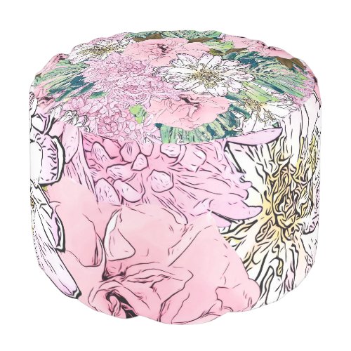 Cute Girly Blush Pink  White Floral Illustration Pouf