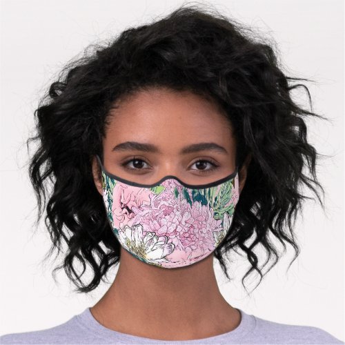 Cute Girly Blush Pink  White Floral Illustration Premium Face Mask