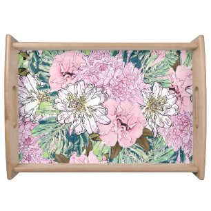 Cute Girly Blush Pink & White Floral Illustration Serving Tray