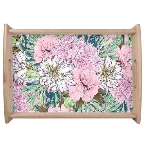 Cute Girly Blush Pink  White Floral Illustration Serving Tray