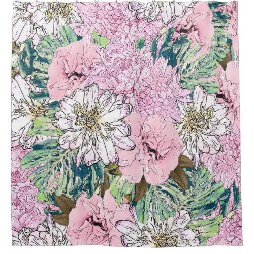 Cute Girly Blush Pink  White Floral Illustration Shower Curtain