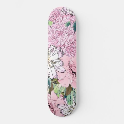 Cute Girly Blush Pink  White Floral Illustration Skateboard