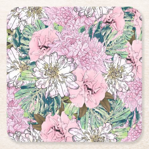Cute Girly Blush Pink  White Floral Illustration Square Paper Coaster