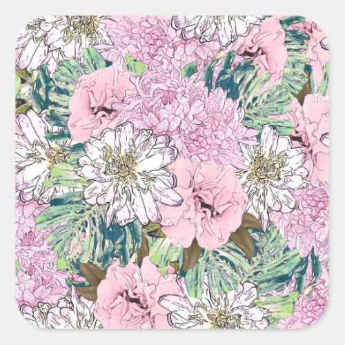 Cute Girly Blush Pink  White Floral Illustration Square Sticker