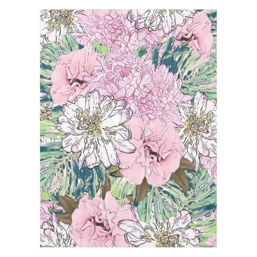 Cute Girly Blush Pink  White Floral Illustration Tablecloth