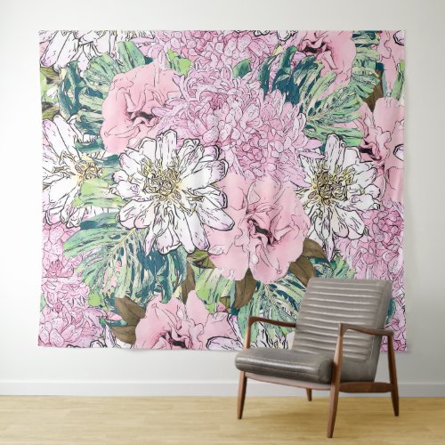 Cute Girly Blush Pink  White Floral Illustration Tapestry