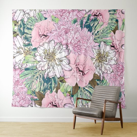 Cute Girly Blush Pink & White Floral Illustration Tapestry | Zazzle.com