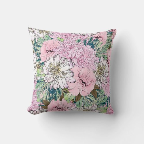 Cute Girly Blush Pink  White Floral Illustration Throw Pillow