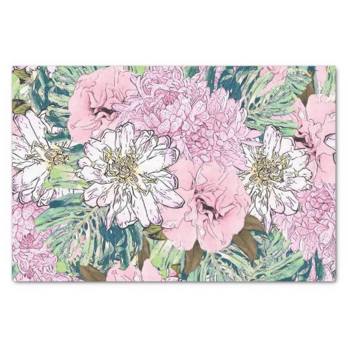 Cute Girly Blush Pink  White Floral Illustration Tissue Paper