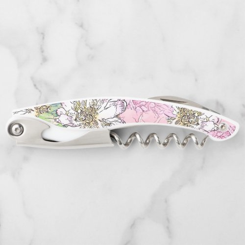 Cute Girly Blush Pink  White Floral Illustration Waiters Corkscrew