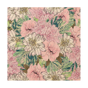 Cute Girly Blush Pink & White Floral Illustration Wood Wall Art