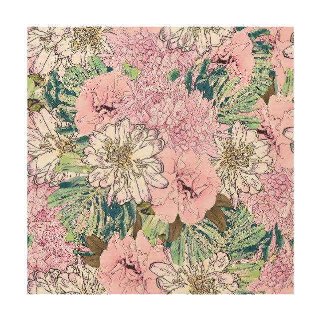 Cute Girly Blush Pink & White Floral Illustration Wood Wall Art (Front)