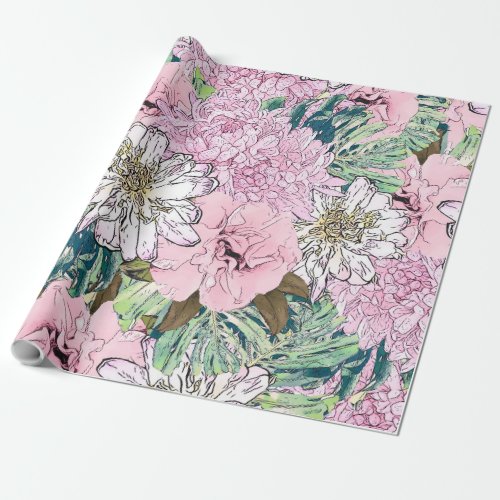 Cute Girly Blush Pink  White Floral Illustration Wrapping Paper
