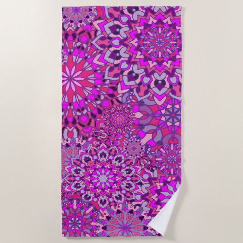 Cute Girly Boho Chic Pink Purple Floral Mandalas  Beach Towel