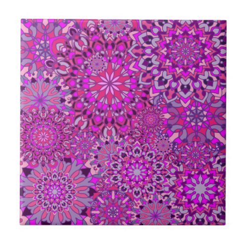 Cute Girly Boho Chic Pink Purple Floral Mandalas Ceramic Tile