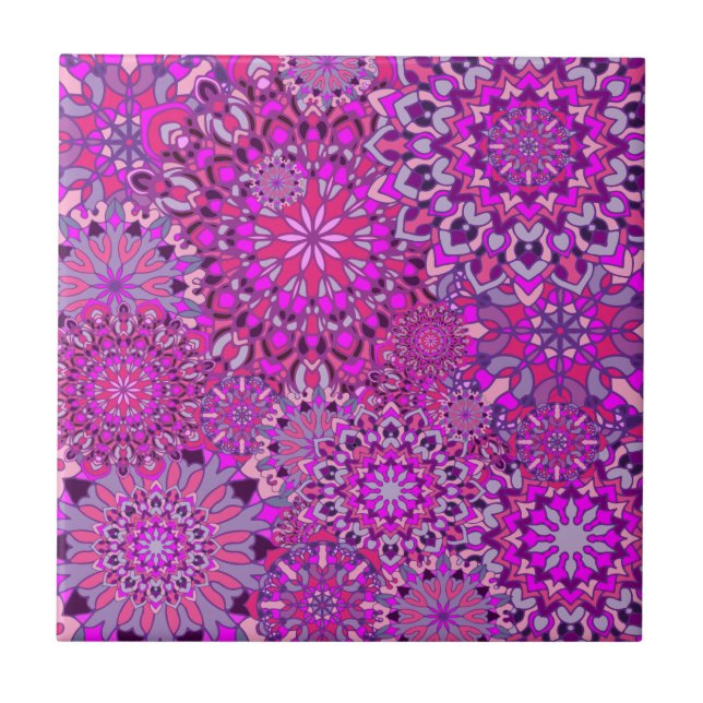 Cute Girly Boho Chic Pink Purple Floral Mandalas Ceramic Tile (Front)