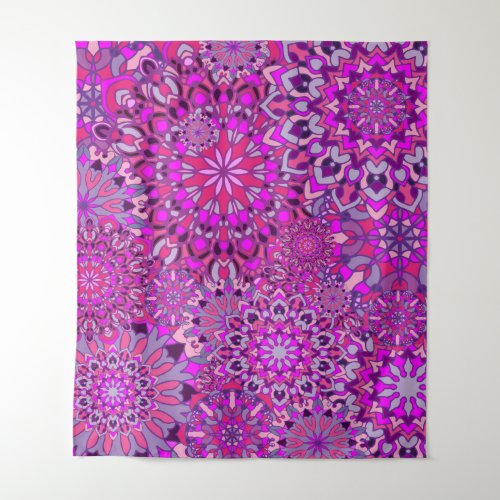 Cute Girly Boho Chic Pink Purple Floral Mandalas Tapestry