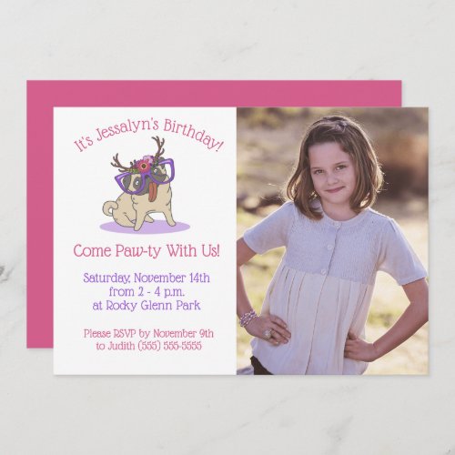 Cute Girly Boho Floral Pug in Glasses Birthday Invitation