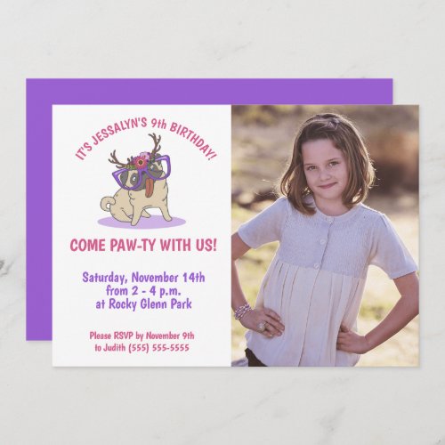 Cute Girly Boho Floral Pug Purple Glasses Birthday Invitation