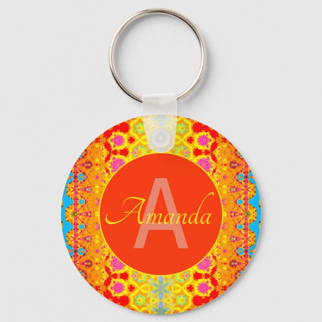 Cute Girly Boho Pattern Pink Orange Yellow Blue Keychain (Front)