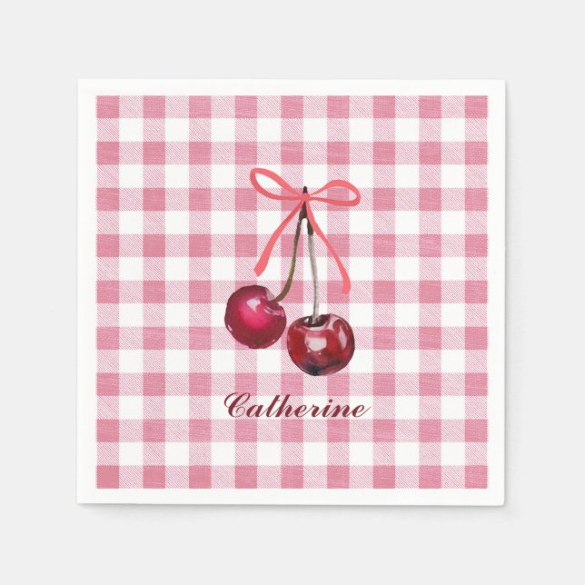 Cute Girly Bow Cherry Pink Gingham Plaid Name Napkins (Front)