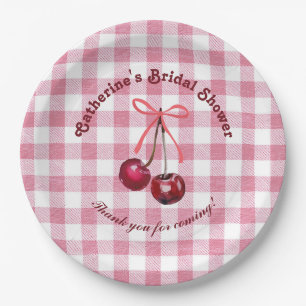 Cute Girly Bow Cherry Pink Gingham Plaid Name Paper Plates