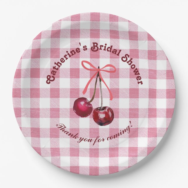 Cute Girly Bow Cherry Pink Gingham Plaid Name Paper Plates (Front)