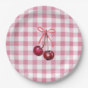 Cute Girly Bow Cherry Pink Gingham Plaid Paper Plates