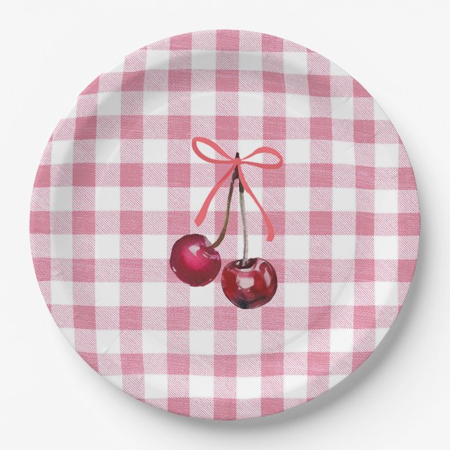 Cute Girly Bow Cherry Pink Gingham Plaid  Paper Plates (Front)
