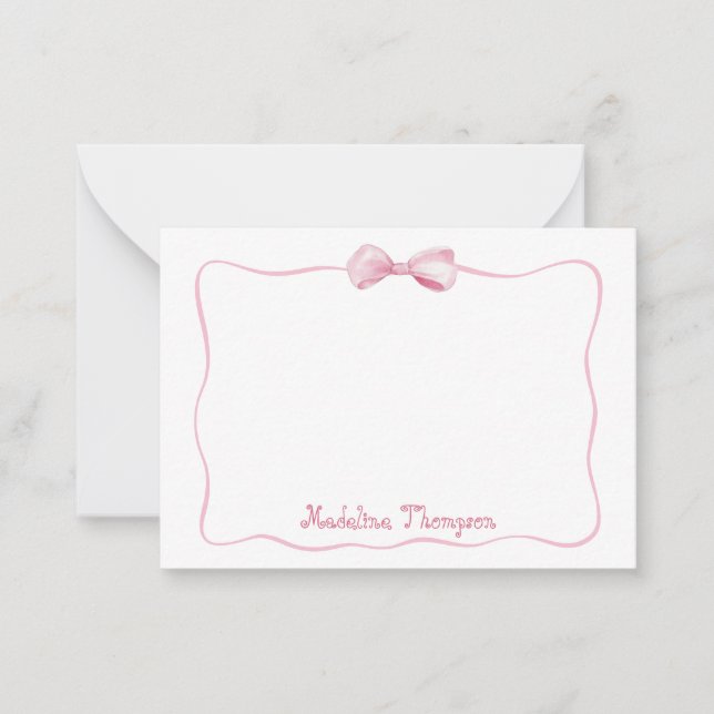 Cute Girly Bow Frame and Curly Script Note Card (Front)