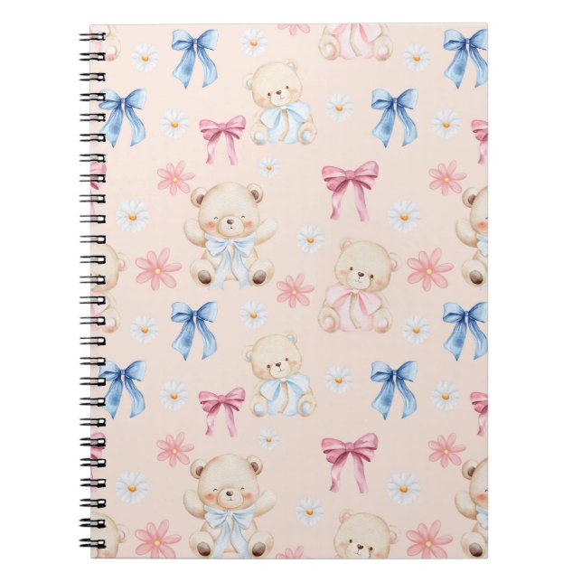 Cute Girly Bow Teddy Bears Seamless Pattern Notebook (Front)