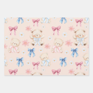 Cute Girly Bow Teddy Bears Seamless Pattern Wrapping Paper Sheets