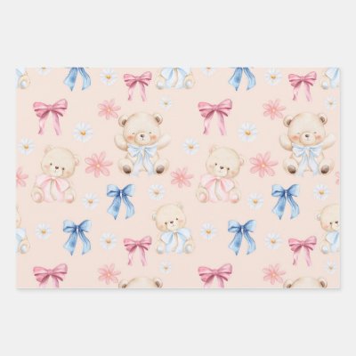 Cute Girly Bow Teddy Bears Seamless Pattern Wrapping Paper Sheets
