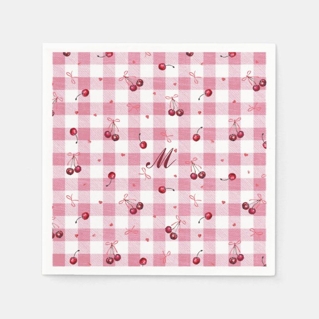 Cute Girly Bows Cherries Pink Gingham Plaid Name Napkins (Front)