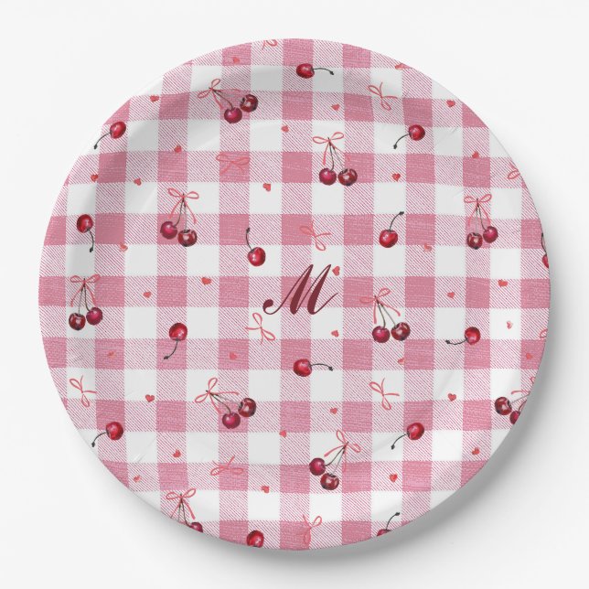 Cute Girly Bows Cherries Pink Gingham Plaid Name Paper Plates (Front)