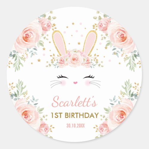 Cute Girly Bunny Blush Pink Floral Rabbit Party Classic Round Sticker