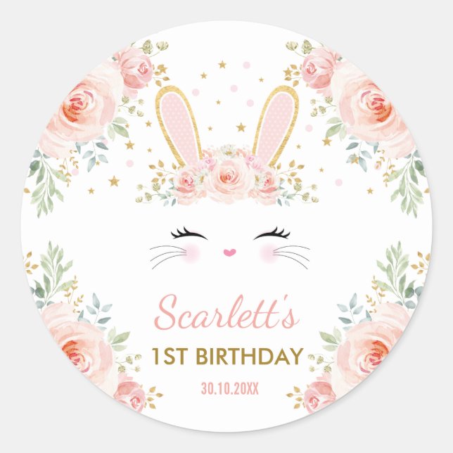 Cute Girly Bunny Blush Pink Floral Rabbit Party Classic Round Sticker (Front)