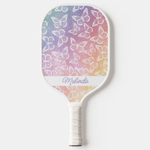 Cute Girly Butterfly Pastel Rainbow Add Your Name Pickleball Paddle
