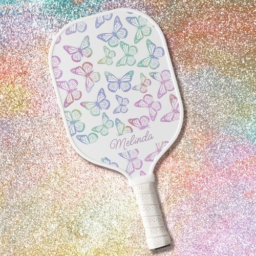  Cute Girly Butterfly Pastel Rainbow Add Your Name Pickleball Paddle