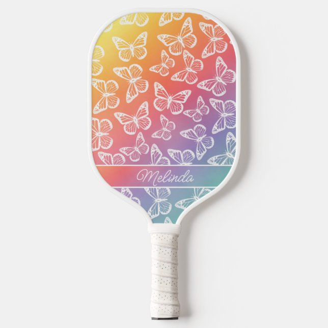  Cute Girly Butterfly Pastel Rainbow Add Your Name Pickleball Paddle (Front)